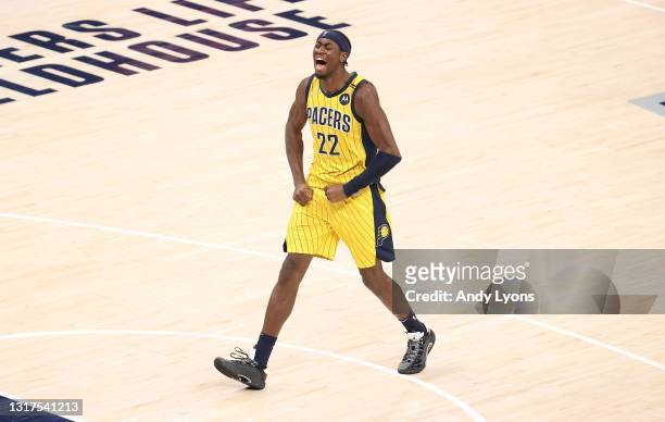 Caris LeVert of the Indiana Pacers celebrates after making a basket late in fourth quarter of the 103-94 win against the Philadelphia 76ers at...