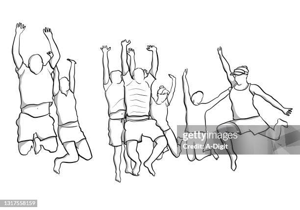 gruppe jump of joy flat sketch - gruppenfoto stock-grafiken, -clipart, -cartoons und -symbole