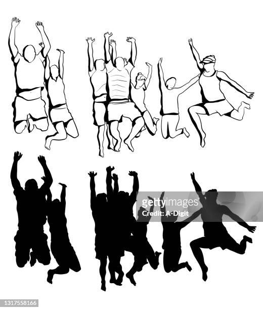 group jump of joy flat sketch silhouette - joy stock illustrations