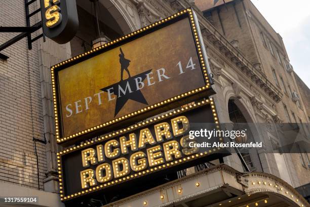 View of a newly installed "September 14" sign displayed on the "Hamilton" marquee at the Richard Rodgers Theatre in Times Square on May 11, 2021 in...