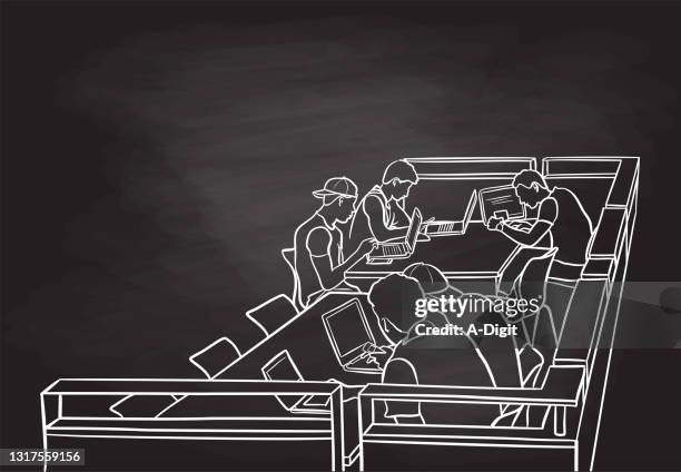 college group study designated area chalkboard - student typing on computer stock illustrations