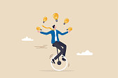Creativity and ideas, innovation or skill to success in business, skillful businessman riding unicycle juggling lightbulb lamp metaphor of plenty ideas.