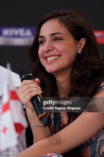 Sofia Nizharadze of Georgia speaks at a press conference at the Telenor Arena on May 20, 2010 in Oslo, Norway.