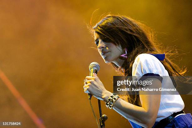 Spanish singer Maria Nieves Rebolledo, aka Bebe, performs in concert during 'Veranos de la Villa' festival at Escenario Puerta del Angel on July 8,...