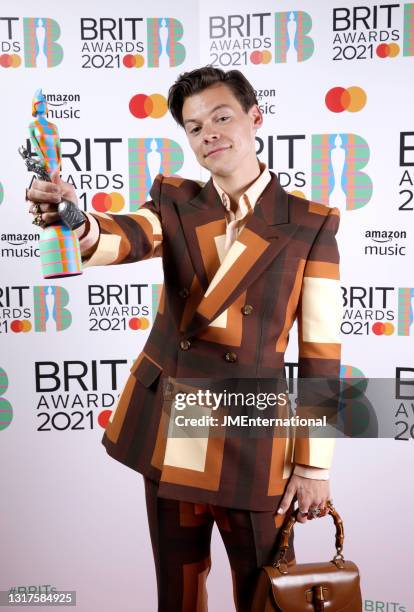 Harry Styles wins the Mastercard British Single award for Watermelon Sugar during The BRIT Awards 2021 at The O2 Arena on May 11, 2021 in London,...