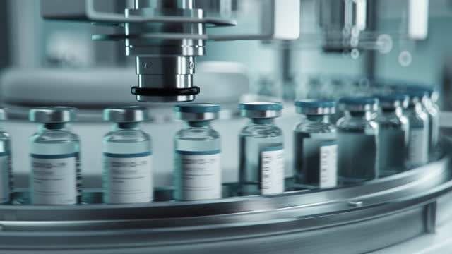 SARS-COV-2 COVID-19 Coronavirus Vaccine Mass Production in Laboratory, Machine Puts Bottle Caps on Ampoules Moving on Pharmaceutical Conveyor Belt in Research Lab. Loopable Footage.