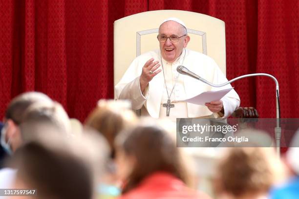 Pope Francis holds his homily during the weekly General Audience at the Courtyard of St Damasus on May 12, 2021 in Vatican City, Vatican. Pope...