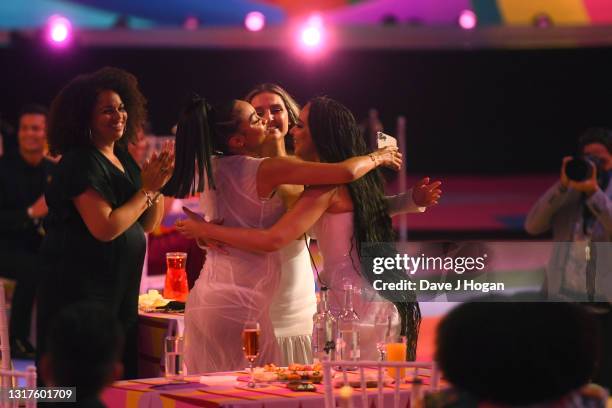 Jesy Nelson, Leigh-Anne Pinnock and Perrie Edwards of Little Mix accept the award for British Group during The BRIT Awards 2021 at The O2 Arena on...