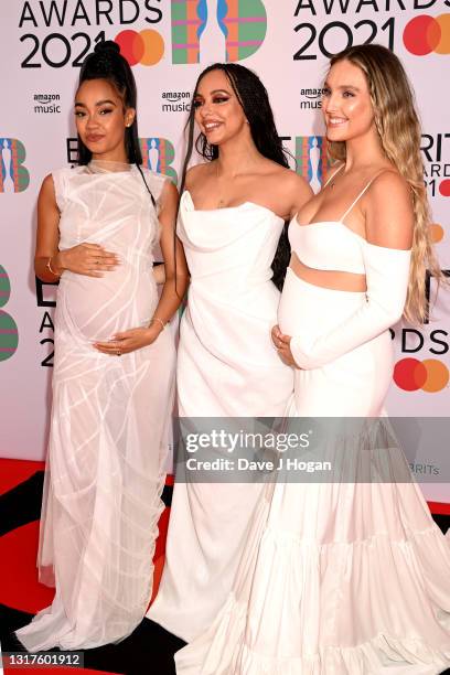 Jesy Nelson, Leigh-Anne Pinnock and Perrie Edwards of Little Mix during The BRIT Awards 2021 at The O2 Arena on May 11, 2021 in London, England.