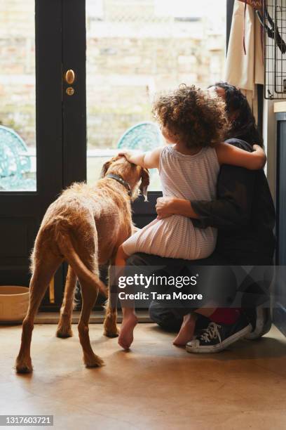 full length back view of mixed race mother and young daughter with dog looking out of kitchen window. - mixed race family stock-fotos und bilder