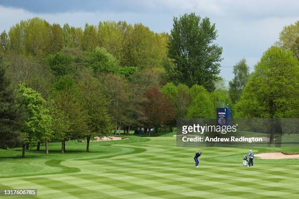 David Howell of England plays his second shot on the first hole during the First Round of The Betfred British Masters hosted by Danny Willett at The...