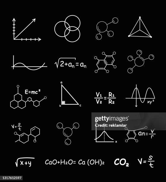 wissenschaftssymbole und formeln vektorgrafiken isoliert auf schwarzem hintergrund. konzept der mathematik, chemie symbole sammlung für schule, universität und ausbildung. flat line vektorsymbole für infografiken, web- und mobile apps festgelegt. - chemische formel stock-grafiken, -clipart, -cartoons und -symbole