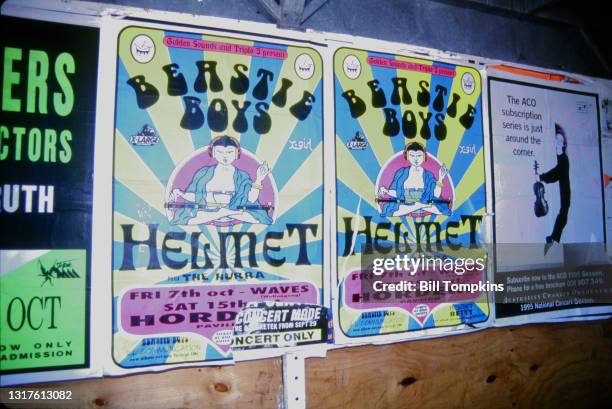 June 10: MANDATORY CREDIT Bill Tompkins/Getty Images Posters for the bands The Beastie Boys and Helmet on June 10th, 1993 in Sydney.