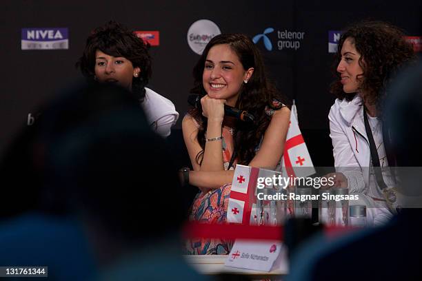 Sofia Nizharadze of Georgia speaks at a press conference at the Telenor Arena on May 20, 2010 in Oslo, Norway.