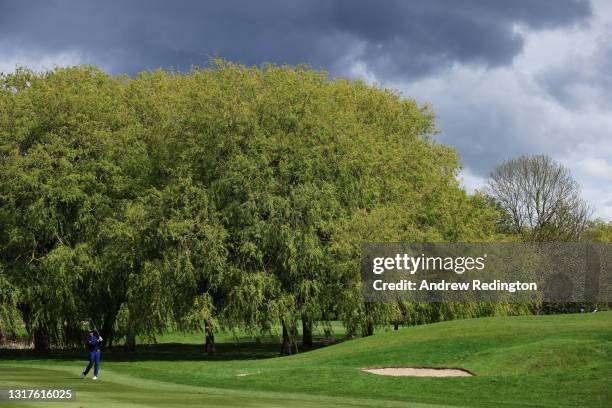 David Howell of England plays his second shot on the fifth hole during the First Round of The Betfred British Masters hosted by Danny Willett at The...