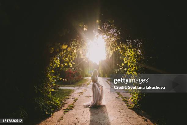 young girl in a magnificent dress in the park near the arch from the vineyard dancing in in the back beams of the sun - ukrainian dancer stock pictures, royalty-free photos & images