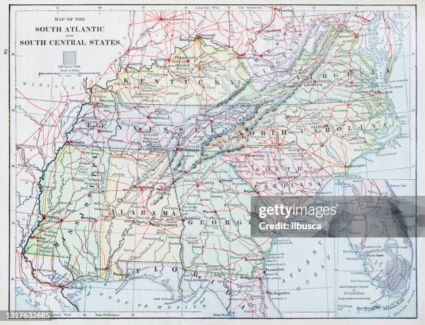 antique map: usa - south atlantic states - florida v south carolina stock illustrations