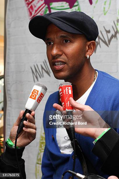 Football player Olivier Dacourt gives an interview before the World Charity Soccer 2010 Charity Match for Haiti at Stade Charlety on May 19, 2010 in...