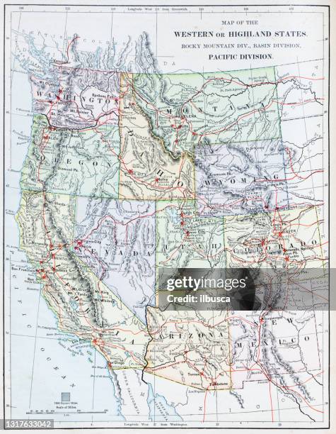 bildbanksillustrationer, clip art samt tecknat material och ikoner med antik karta: usa - western eller highland states - wyoming