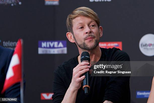 Michael von der Heide of Switzerland performs during a press conference after the open rehearsal at the Telenor Arena on May 18, 2010 in Oslo,...