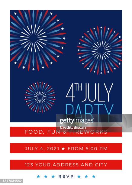 stockillustraties, clipart, cartoons en iconen met vierde van de uitnodiging van de partij van juli met vuurwerk. - american flag fireworks