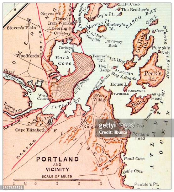 ilustrações de stock, clip art, desenhos animados e ícones de antique map: portland - portland maine