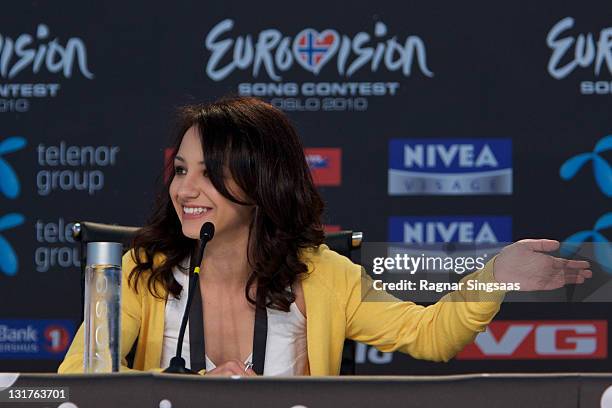 Filipa Azevedo of Portugal performs during a press conference at the Telenor Arena on May 21, 2010 in Oslo, Norway. 39 countries will take part in...