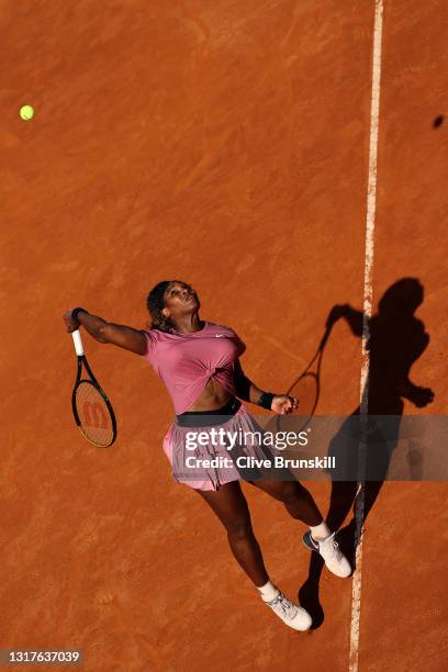 Serena Williams of USA serves on day 5 of the Internazionali BNL d’Italia match between Serena Williams of USA and Nadia Podoroska of Argentina at...