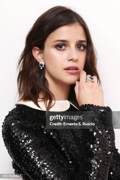 Actress Benedetta Porcaroli poses for the photographer ahead of the David Di Donatello 2021 at on May 11, 2021 in Rome, Italy.