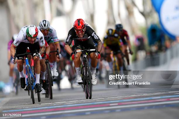 Caleb Ewan of Australia and Team Lotto Soudal & Giacomo Nizzolo of Italy and Team Qhubeka Assos sprint at arrival during the 104th Giro d'Italia...