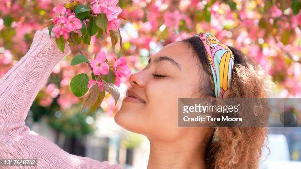 beautiful woman smelling flowers - smell - fotografias e filmes do acervo