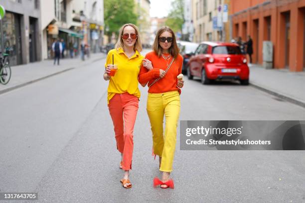 Sarah Kraatz wearing a yellow polo shirt by Ralph Lauren, salmon colored denim jeans pants by Dream Jeans by Mac, light brown slides by Hermes and...