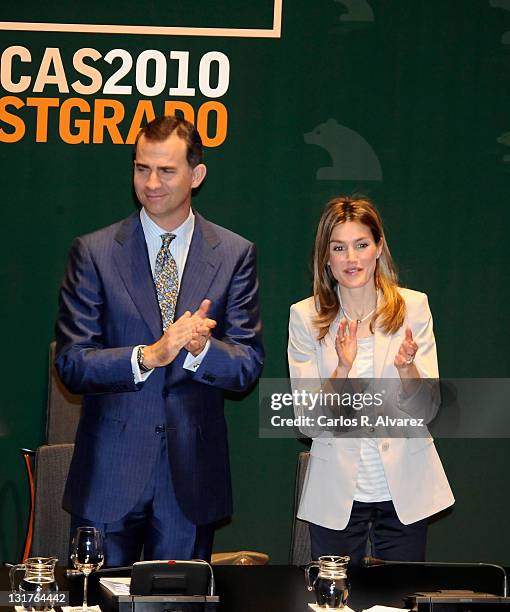 Prince Felipe of Spain and Princess Letizia of Spain deliver Caja Madrid Post Grade Grants at the Reina Sofia museum on May 21, 2010 in Madrid, Spain.