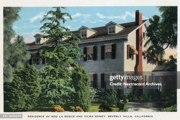 Vintage souvenir postcard published ca 1924 from the Homes of Movie Stars series, depicting bungalows, mansions and grand estates of Hollywood...