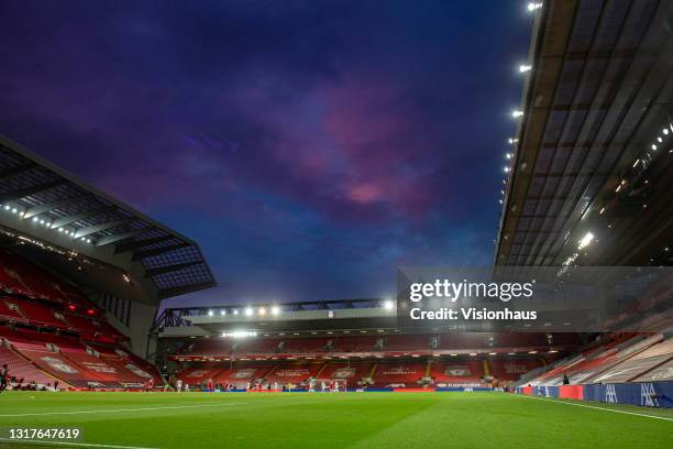 General view of the Anfield Stadium during the Premier League match between Liverpool and Southampton at Anfield on May 8, 2021 in Liverpool, United...