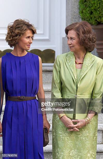 Asma al-Assad and Queen Sofia of Spain pose for photographers at Zarzuela Palace on July 4, 2010 in Madrid, Spain.
