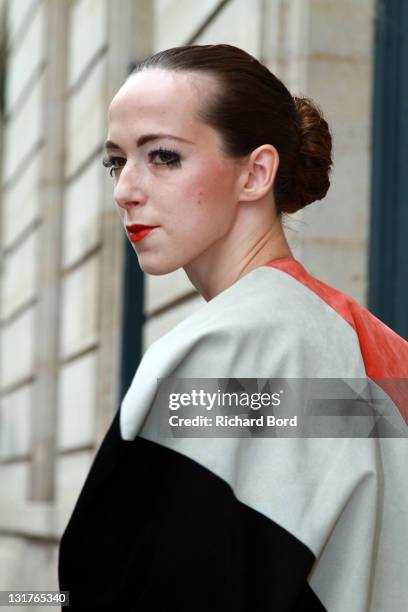 Model performs outside Musee Rodin, venue for the Christian Dior show as part of Paris Fashion Week Fall/ Winter 2011 on July 5, 2010 in Paris,...
