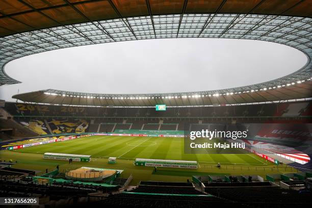 General view inside the stadium during a Training Session ahead of DFB Cup 2021 final match between RB Leipzig and Borussia Dortmund at Olympic...