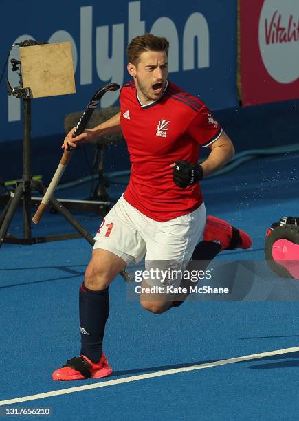 Liam Ansell of Great Britain celebrates scoring his team's first goal during the FIH Hockey Pro League match between Great Britain and Germany at Lee...