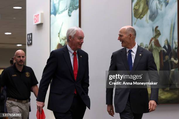 Senators Ron Johnson and Rick Scott arrive at a news conference on the U.S. Southern Border and President Joe Biden’s immigration policies, in the...