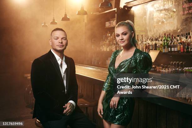 Kane Brown and Kelsea Ballerini pose during a host promo shoot for the 2021 CMT Music Awards on May 12, 2021 in Nashville, Tennessee.