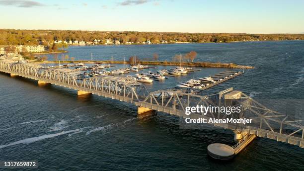 Aerial view of the bridge in Sturgeon Bay city in Door county, Wisconsin. Sunny morning, sunrise. Spring summer season