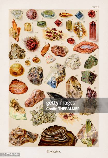 gemstones and minerals chromolithography 1899 - opal gemstone stock illustrations