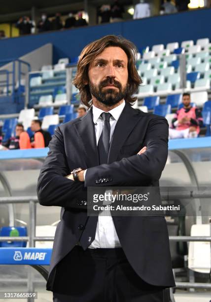 Andrea Pirlo, Head Coach of Juventus looks on prior to the Serie A match between US Sassuolo and Juventus at Mapei Stadium - Città del Tricolore on...