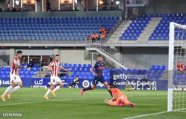 Sandro Ramirez of SD Huesca scores their sides first goal past Unai Simon of Athletic Club during the La Liga Santander match between SD Huesca and...