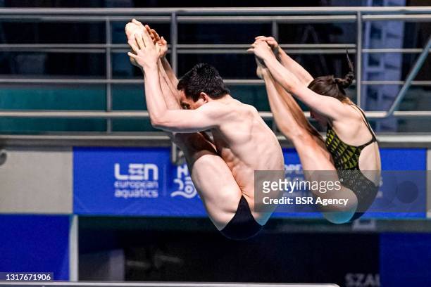 Lou Noel Guy Massenberg of Germany, Tina Punzel of Germany competing at the Mixed Synchronised 3m Final during the LEN European Aquatics...