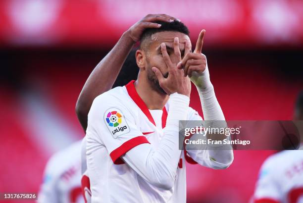 Youssef En-Nesyri of Sevilla FC celebrates scoring a goal the La Liga Santander match between Sevilla FC and Valencia CF at Estadio Ramon Sanchez...
