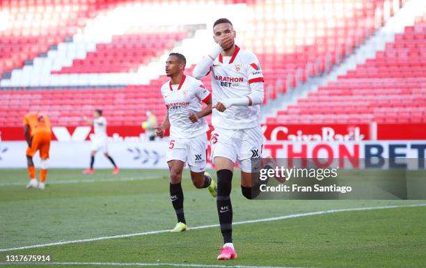 Youssef En-Nesyri of Sevilla FC celebrates scoring a goal the La Liga Santander match between Sevilla FC and Valencia CF at Estadio Ramon Sanchez...