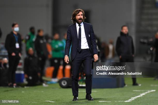 Andrea Pirlo, Head Coach of Juventus reacts during the Serie A match between US Sassuolo and Juventus at Mapei Stadium - Città del Tricolore on May...