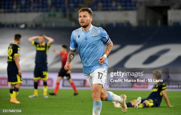 Ciro Immobile of SS Lazio celebrates the opening goal during the Serie A match between SS Lazio and Parma Calcio at Stadio Olimpico on May 12, 2021...